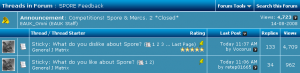 Spore Feedback Forums Which of the two threads do you think is more popular?