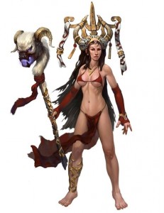 Ophelia Almost naked except for a strip of fabric covering her breasts, a g-string/loincloth on her legs and an absurd hat.