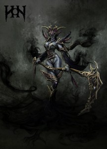 Fayde Blue skinned assasin female handling a scythe. Her hair and clothes are fading into smoke. She is wearing an elaborate bikini-mail