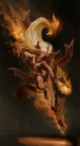 The female version of the fully clothed fire wizard. The red robe became a robe-bikini.