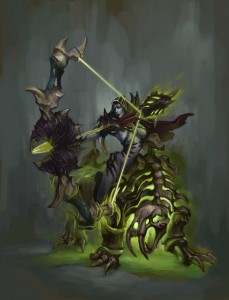 Forsaken Archer A grey-skinned female notching an arrow and riding a skeletal beast powered by green energy. She is wearing practically nothing except a hood and some skeletal bone armor covering her breasts and back