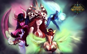 5 of the female characters of Heroes of Newerth. All of them showing ridiculous amount sof cleavage and gravity defying boobsTop right to bottom left