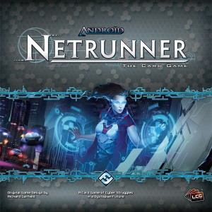 Android:Netrunner logo. A woman under a blue light, wielding virtual interfaces with both hands