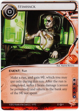 A card from Android:Netrunner. A hacker jacked into his interface is using powerful drugs to focus and bypass corporate defenses